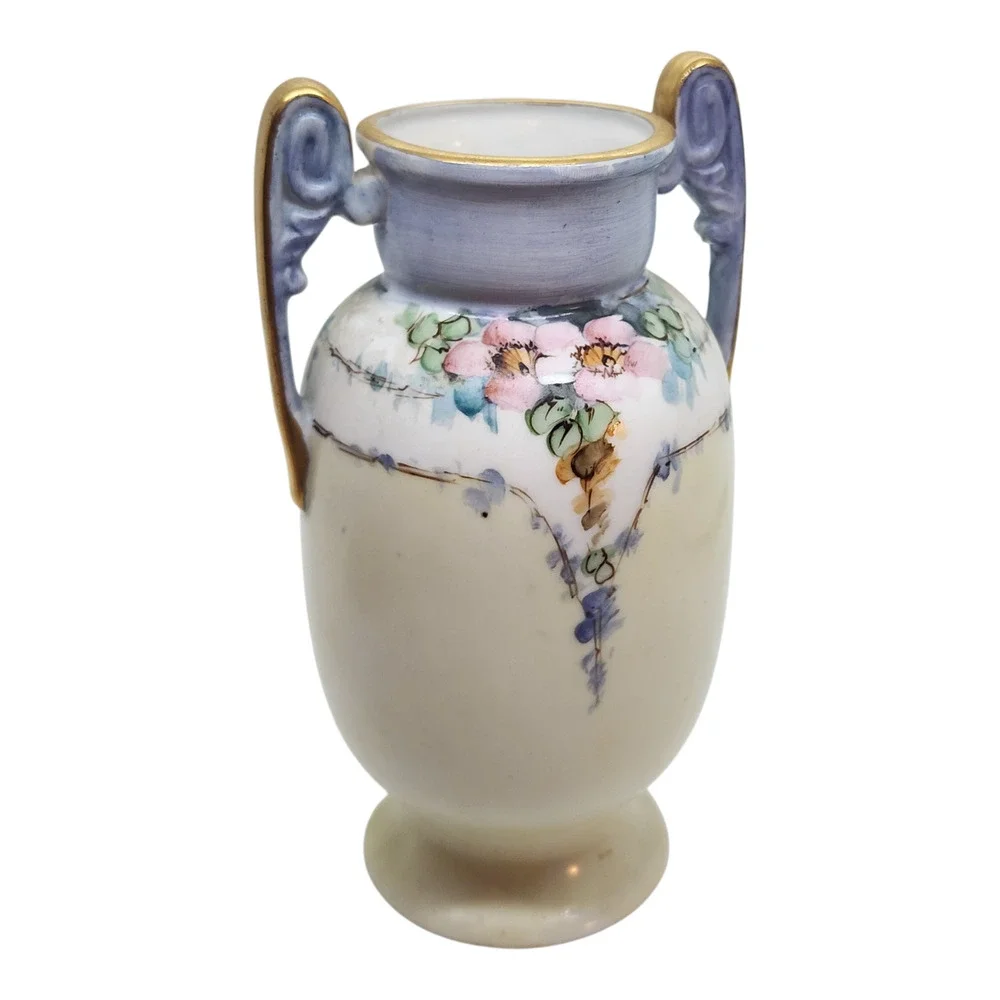 Antique Nippon Noritake Hand Painted Floral Vase Gold Trim Twin Handle 6